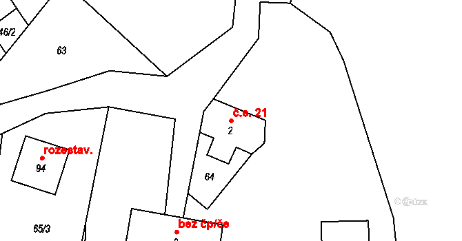 Těchoraz 21, Červená Řečice na parcele st. 2 v KÚ Těchoraz, Katastrální mapa
