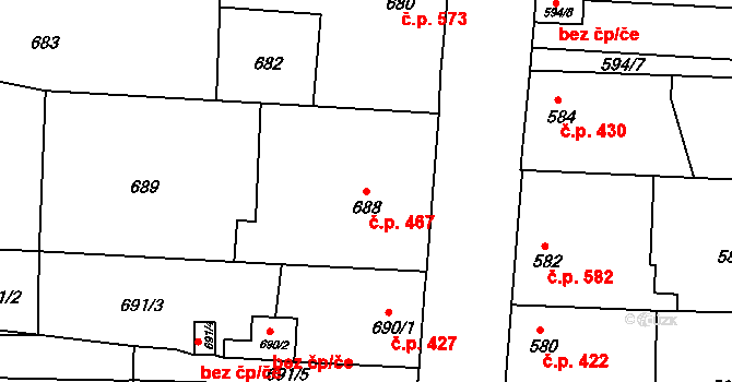 Podbořany 467 na parcele st. 688 v KÚ Podbořany, Katastrální mapa