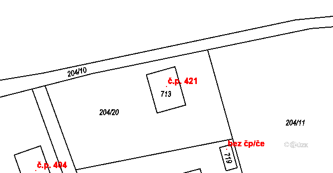 Dlouhá Třebová 421 na parcele st. 713 v KÚ Dlouhá Třebová, Katastrální mapa