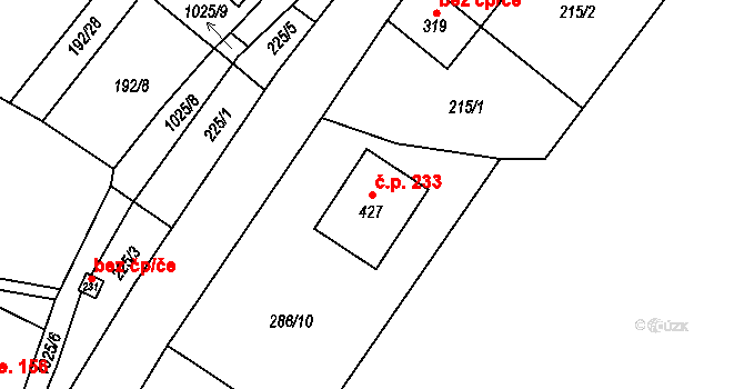 Háj 233, Loučná pod Klínovcem na parcele st. 427 v KÚ Háj u Loučné pod Klínovcem, Katastrální mapa