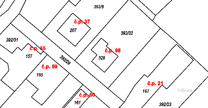 Horní Cetno 98, Niměřice na parcele st. 328 v KÚ Niměřice, Katastrální mapa