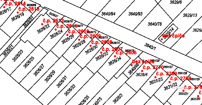 Znojmo 2607 na parcele st. 3626/32 v KÚ Znojmo-město, Katastrální mapa