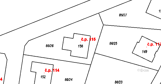 Skrýšov 115, Pelhřimov na parcele st. 156 v KÚ Skrýšov u Pelhřimova, Katastrální mapa