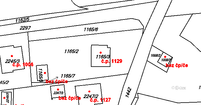 Lyžbice 1129, Třinec na parcele st. 1165/3 v KÚ Lyžbice, Katastrální mapa