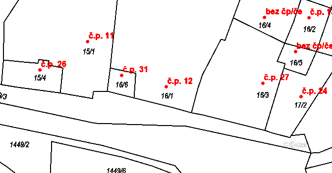 Záluží 12, Dolní Třebonín na parcele st. 16/1 v KÚ Záluží nad Vltavou, Katastrální mapa