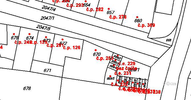 Modřice 253 na parcele st. 670 v KÚ Modřice, Katastrální mapa