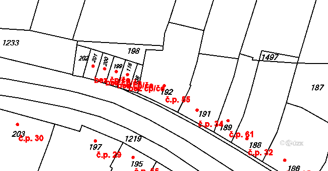 Uhřice 55 na parcele st. 192 v KÚ Uhřice u Kroměříže, Katastrální mapa
