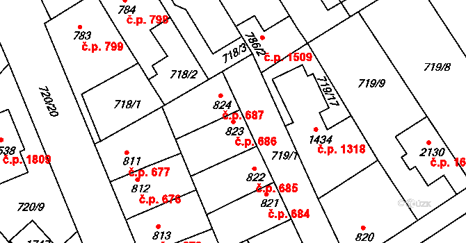 Brandýs nad Labem 686, Brandýs nad Labem-Stará Boleslav na parcele st. 823/1 v KÚ Brandýs nad Labem, Katastrální mapa