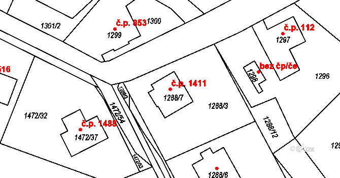 Frýdlant 1411 na parcele st. 1288/7 v KÚ Frýdlant, Katastrální mapa