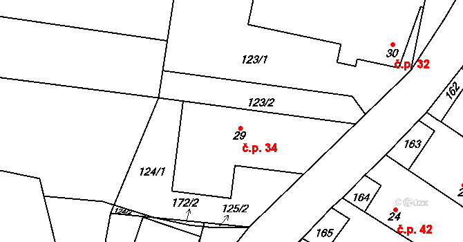 Olešnice 34, Bouzov na parcele st. 29 v KÚ Olešnice u Bouzova, Katastrální mapa