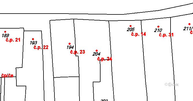 Olbramice 24 na parcele st. 204 v KÚ Olbramice u Vilémova, Katastrální mapa