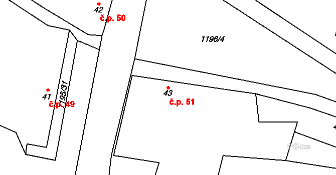 Běchary 51 na parcele st. 43 v KÚ Běchary, Katastrální mapa
