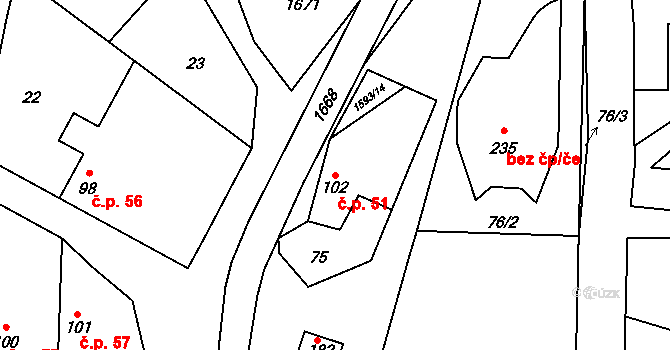Kladeruby 51 na parcele st. 102 v KÚ Kladeruby, Katastrální mapa