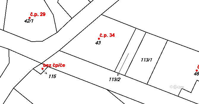 Stříbrnice 34, Vrbice na parcele st. 43 v KÚ Stříbrnice v Čechách, Katastrální mapa