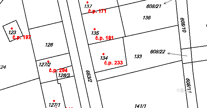 Třebestovice 233 na parcele st. 134 v KÚ Třebestovice, Katastrální mapa