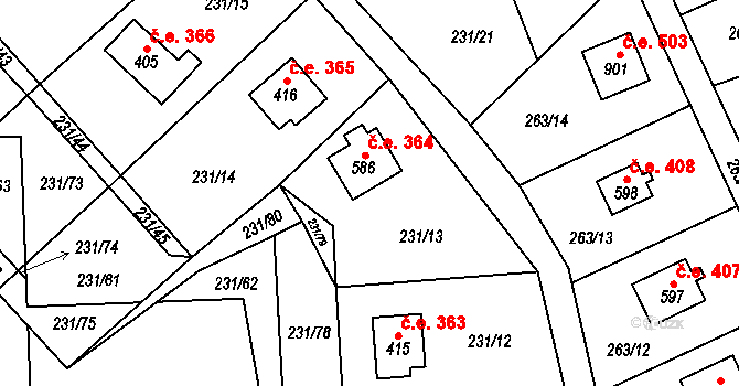 Svojetice 364 na parcele st. 586 v KÚ Svojetice, Katastrální mapa