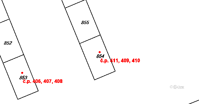 Miřetice u Klášterce nad Ohří 409,410,411, Klášterec nad Ohří na parcele st. 854 v KÚ Miřetice u Klášterce nad Ohří, Katastrální mapa