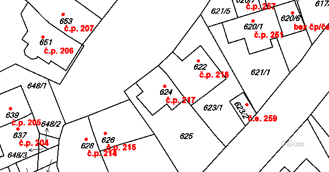 Újezdeček 217 na parcele st. 624 v KÚ Újezdeček, Katastrální mapa