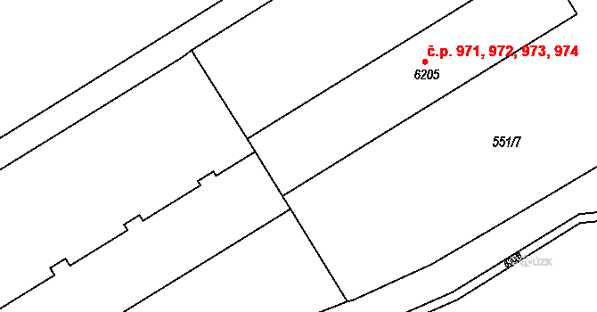 Borovina 971,972,973,974, Třebíč na parcele st. 6205 v KÚ Třebíč, Katastrální mapa