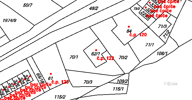 Horní Stropnice 122 na parcele st. 62/1 v KÚ Horní Stropnice, Katastrální mapa