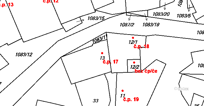 Řeženčice 17, Nový Rychnov na parcele st. 13 v KÚ Řeženčice, Katastrální mapa