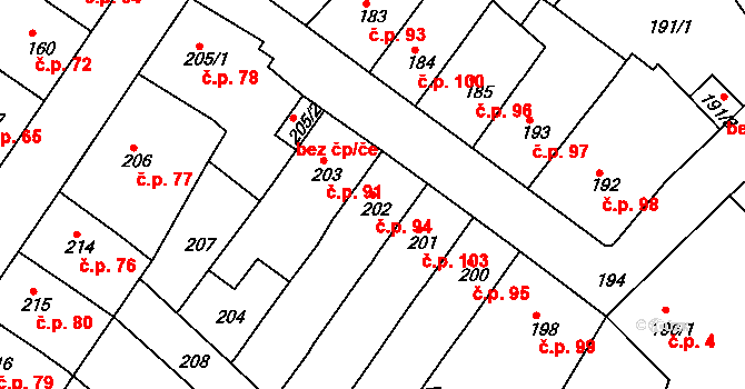 Prosetice 94, Teplice na parcele st. 202 v KÚ Prosetice, Katastrální mapa