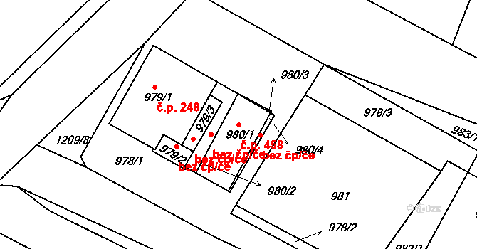 Hostomice 458 na parcele st. 980/1 v KÚ Hostomice pod Brdy, Katastrální mapa