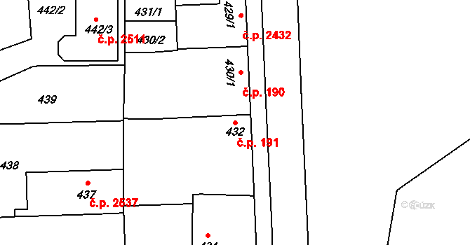 Horní Počernice 191, Praha na parcele st. 432 v KÚ Horní Počernice, Katastrální mapa