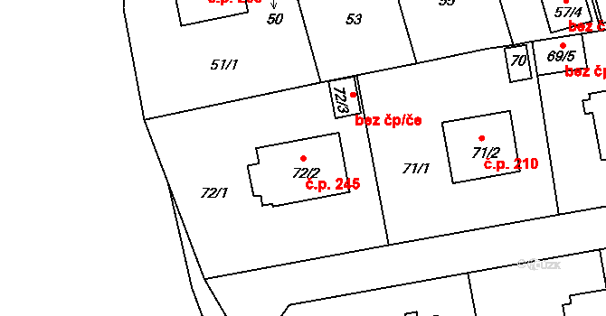 Šeberov 245, Praha na parcele st. 72/2 v KÚ Šeberov, Katastrální mapa