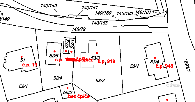 Lhotka 819, Praha na parcele st. 53/3 v KÚ Lhotka, Katastrální mapa