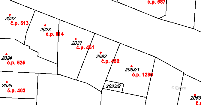 Holešovice 452, Praha na parcele st. 2032 v KÚ Holešovice, Katastrální mapa