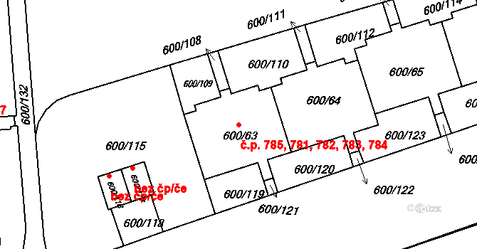 Bohnice 781,782,783,784,785, Praha na parcele st. 600/63 v KÚ Bohnice, Katastrální mapa