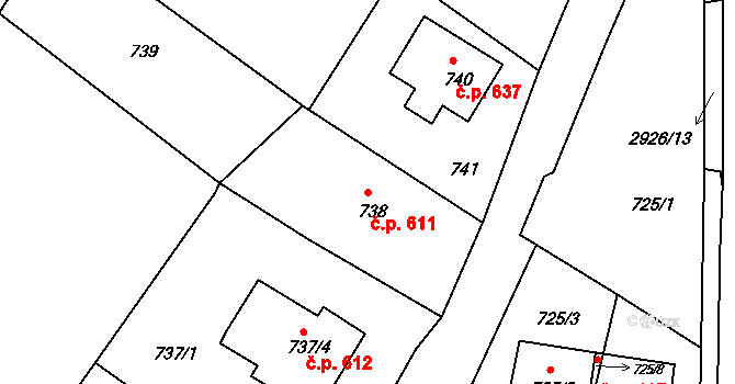 Rumburk 1 611, Rumburk na parcele st. 738 v KÚ Rumburk, Katastrální mapa
