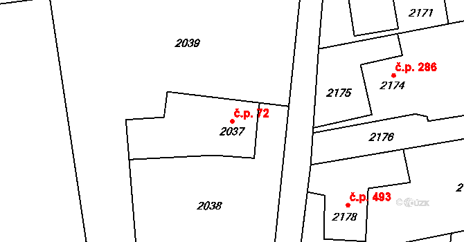 Louky 72, Karviná na parcele st. 2037 v KÚ Louky nad Olší, Katastrální mapa