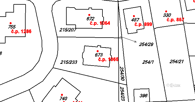 Rudná 1065 na parcele st. 673 v KÚ Hořelice, Katastrální mapa