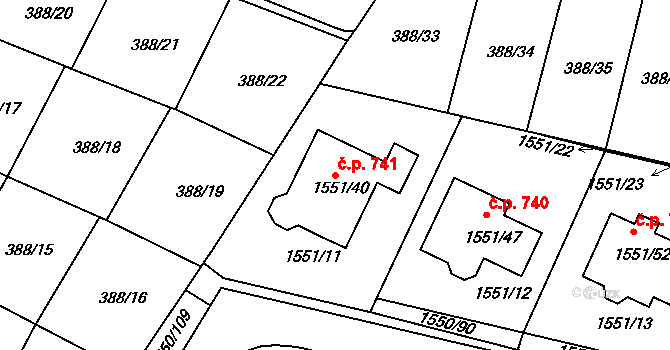 Miřetice u Klášterce nad Ohří 741, Klášterec nad Ohří na parcele st. 1551/40 v KÚ Miřetice u Klášterce nad Ohří, Katastrální mapa