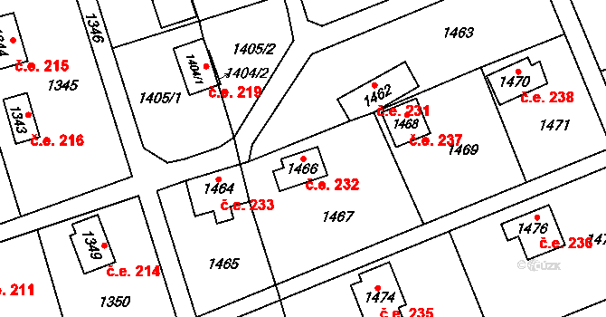 Káraný 232 na parcele st. 1466 v KÚ Káraný, Katastrální mapa