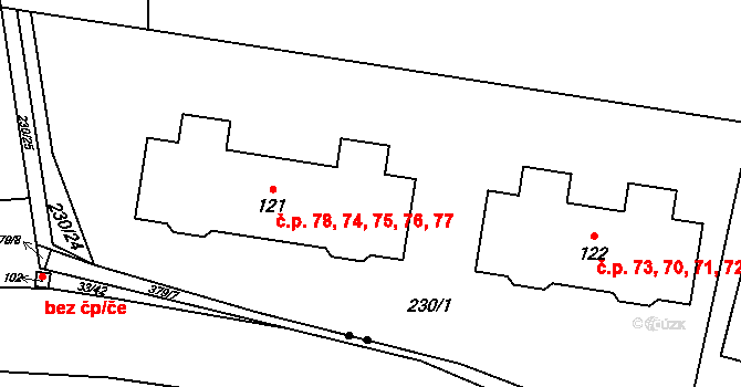 Nebílovský Borek 74,75,76,77,78, Štěnovický Borek na parcele st. 121 v KÚ Nebílovský Borek, Katastrální mapa