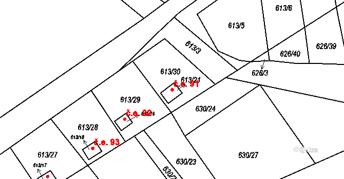 Ráj 91, Karviná na parcele st. 613/21 v KÚ Ráj, Katastrální mapa