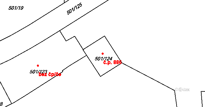 Ráj 886, Karviná na parcele st. 501/124 v KÚ Ráj, Katastrální mapa