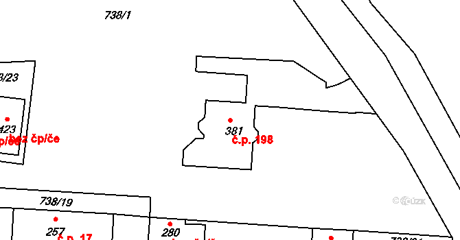Dolní Chrastava 198, Chrastava na parcele st. 381 v KÚ Dolní Chrastava, Katastrální mapa