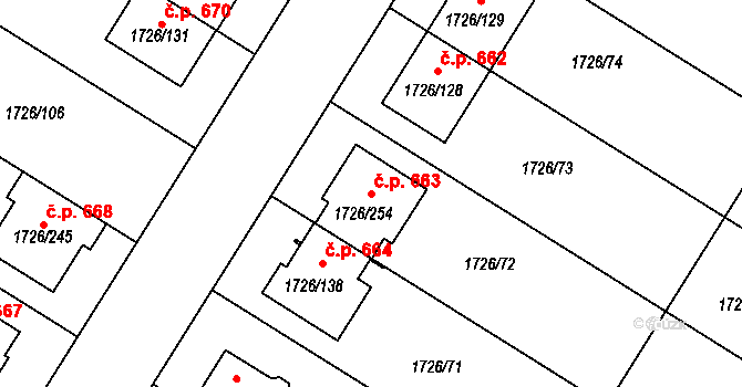 Hrušovany u Brna 663 na parcele st. 1726/254 v KÚ Hrušovany u Brna, Katastrální mapa