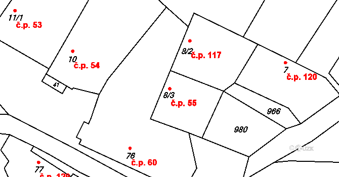 Čáslavice 55 na parcele st. 8/3 v KÚ Čáslavice, Katastrální mapa
