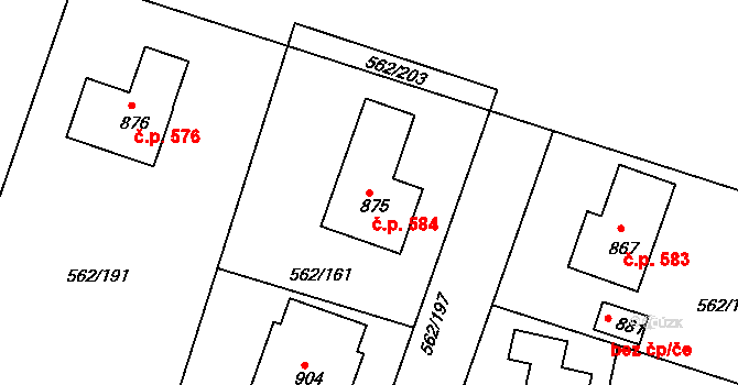 Lázně Bělohrad 584 na parcele st. 875 v KÚ Lázně Bělohrad, Katastrální mapa