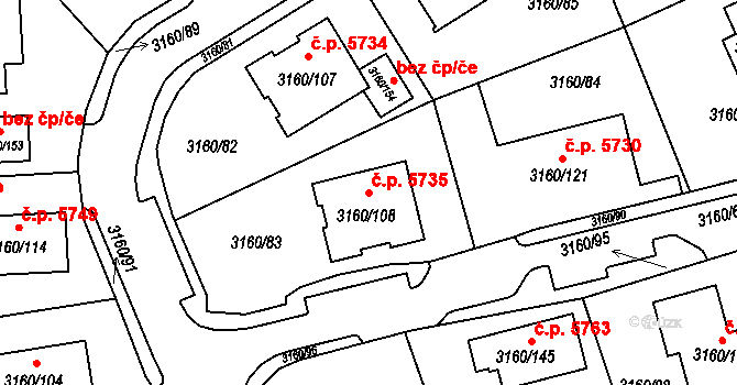 Chomutov 5735 na parcele st. 3160/108 v KÚ Chomutov II, Katastrální mapa