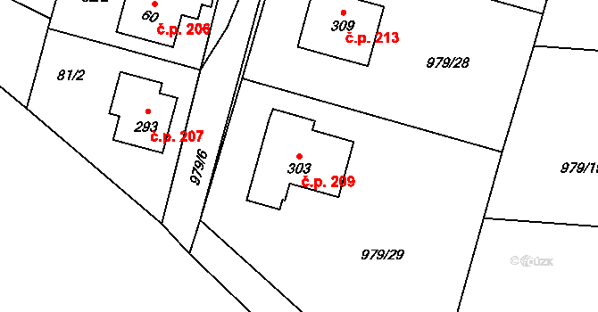 Prčice 209, Sedlec-Prčice na parcele st. 303 v KÚ Prčice, Katastrální mapa