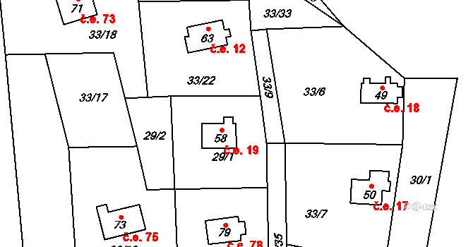 Dolní Čepí 19, Ujčov na parcele st. 58 v KÚ Dolní Čepí, Katastrální mapa