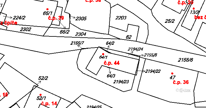 Řetechov 44, Luhačovice na parcele st. 64/1 v KÚ Řetechov, Katastrální mapa