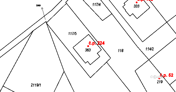 Poteč 224 na parcele st. 363 v KÚ Poteč, Katastrální mapa