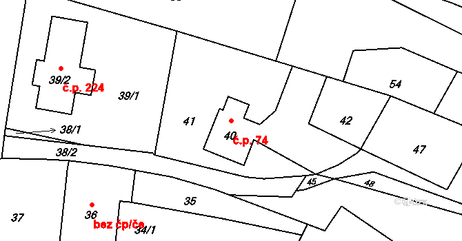 Děhylov 74 na parcele st. 40 v KÚ Děhylov, Katastrální mapa